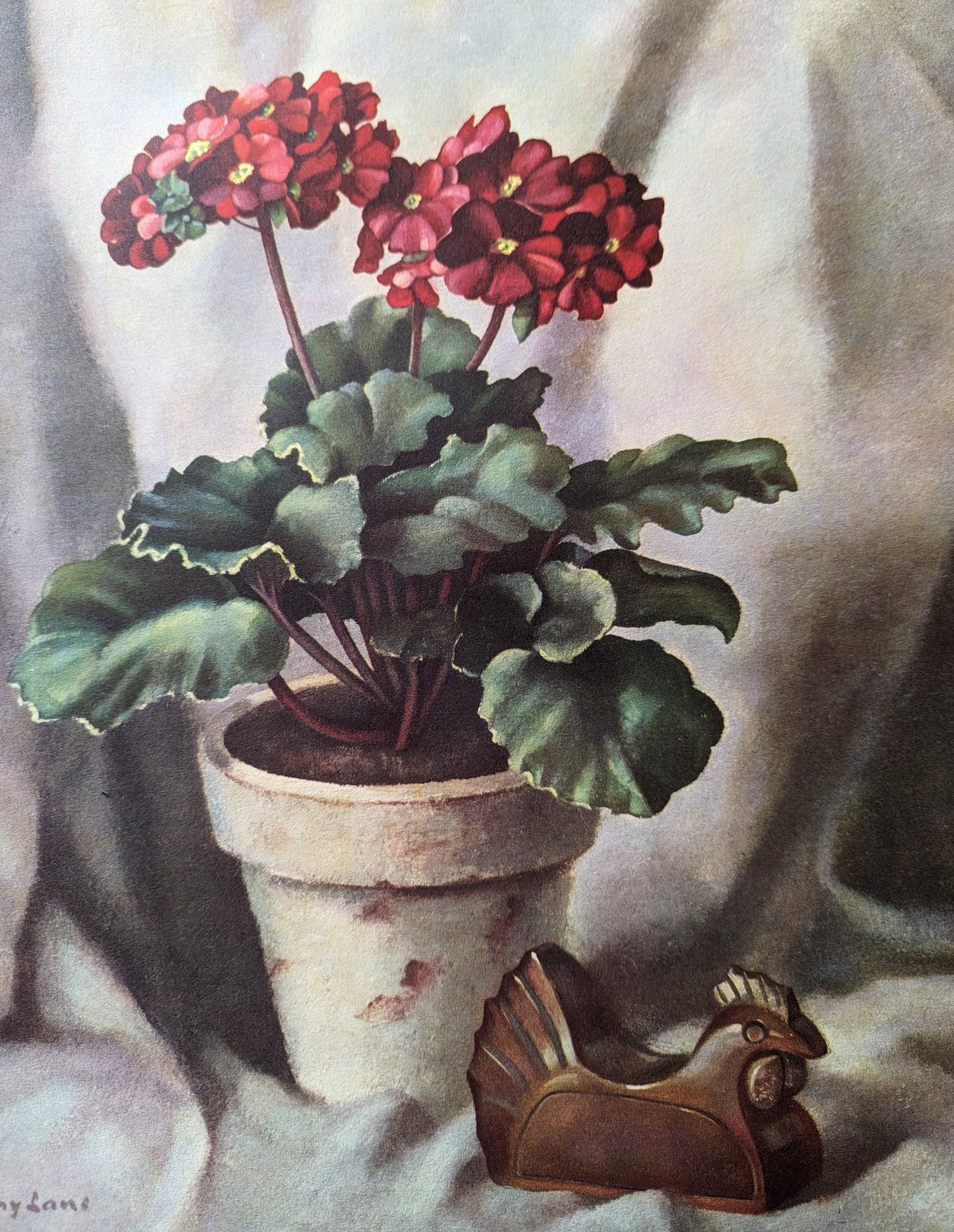 Primroses, still life by Harry Lane, mint condition vintage lithograph printed in 1945 - Offset Lithograph - Pink Flamingos